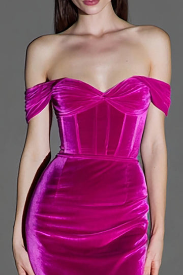 Off the Shoulder Mermaid Corset Velvet Fuchsia Holiday Party Dress